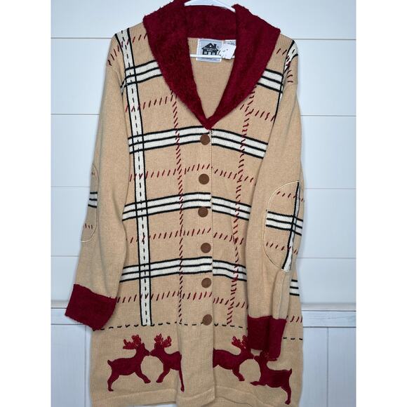 Storybook Knits Reindeer Plaid Full Button Cardigan Sweater RARE - LG, NWT - Picture 1 of 4